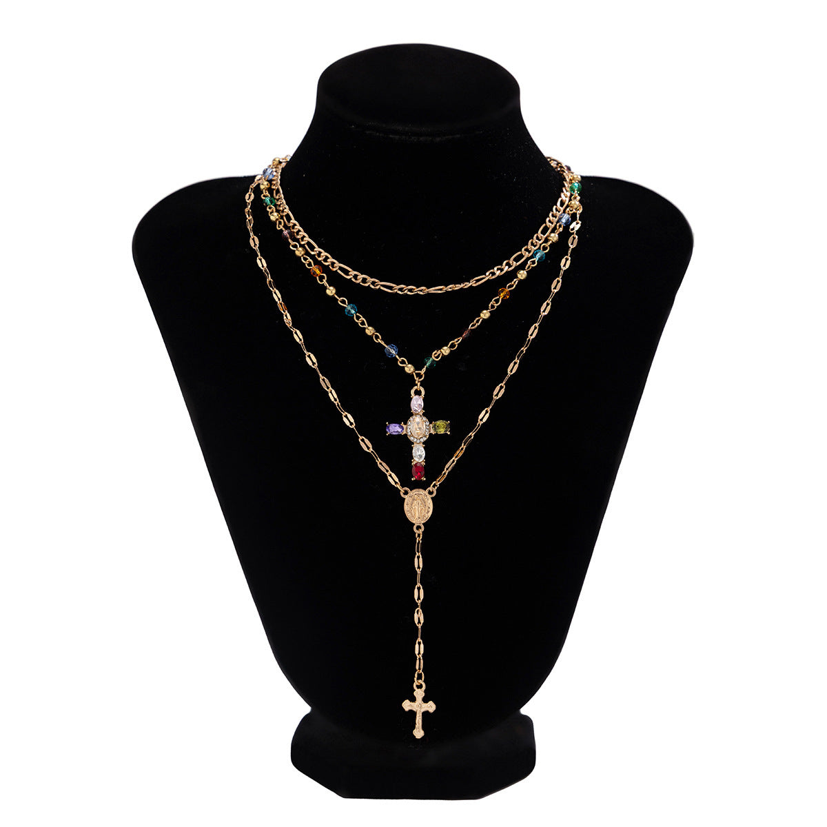 Collar casual chapado en aleación con diseño floral geométrico de corazón y cruz, con incrustaciones de cristal y estrás para mujer