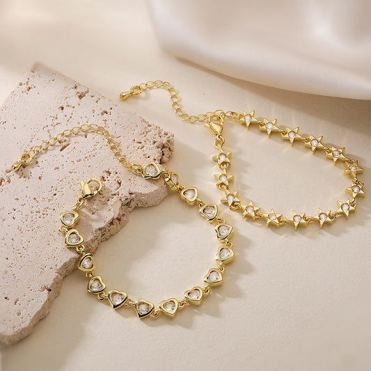 Minimalist Luxury 18K Gold Plated Brass Geometric Heart Star Cubic Zirconia Inlay Bracelet for Women