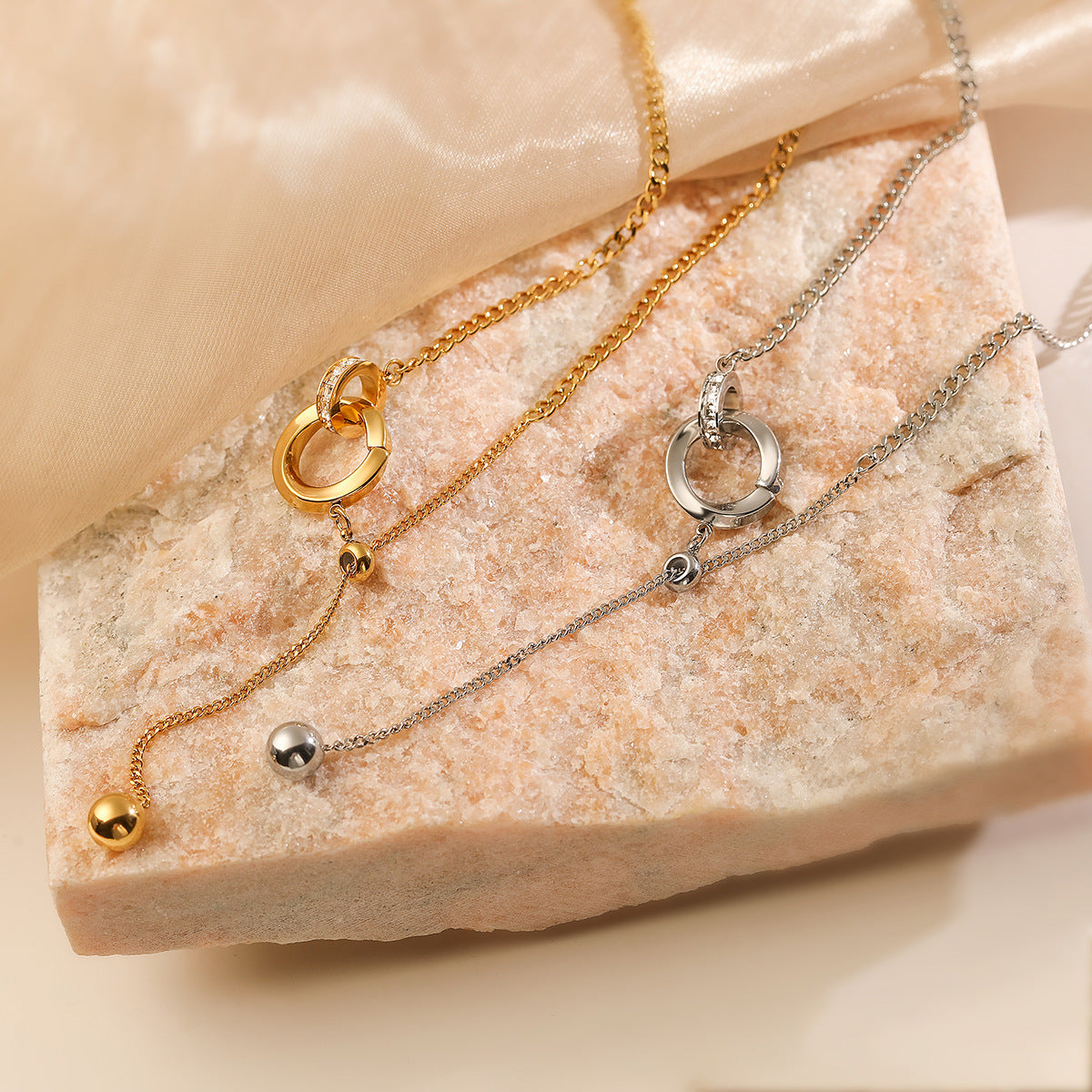 Minimalist Geometric Pendant Necklace for Women in Titanium Steel with Real Gold Plating and Zircon Inlay