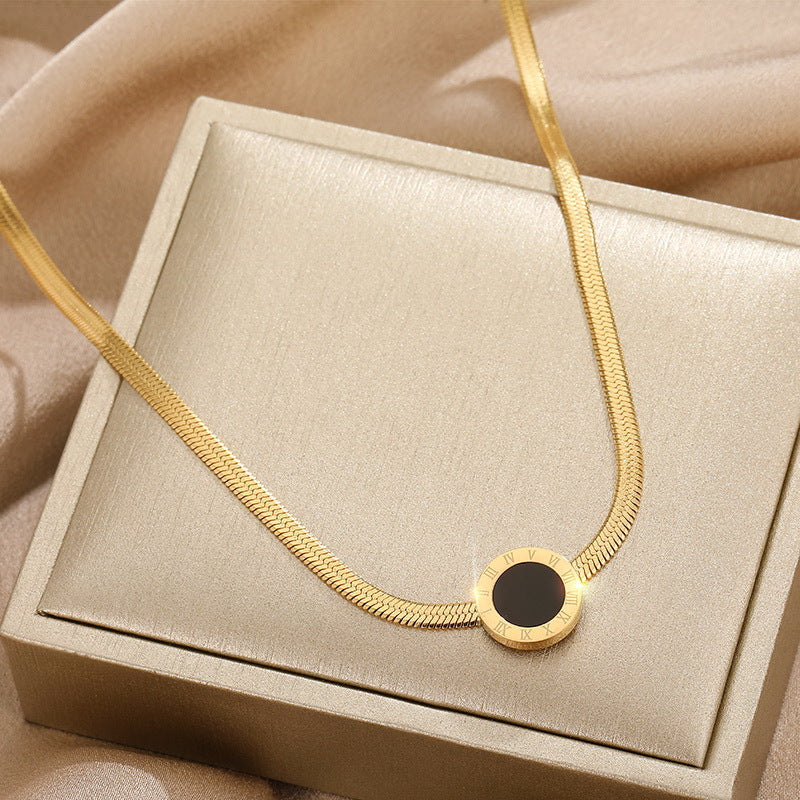 Minimalist Geometric Titanium Steel Snake Chain Necklace with Roman Numeral Pendant for Women