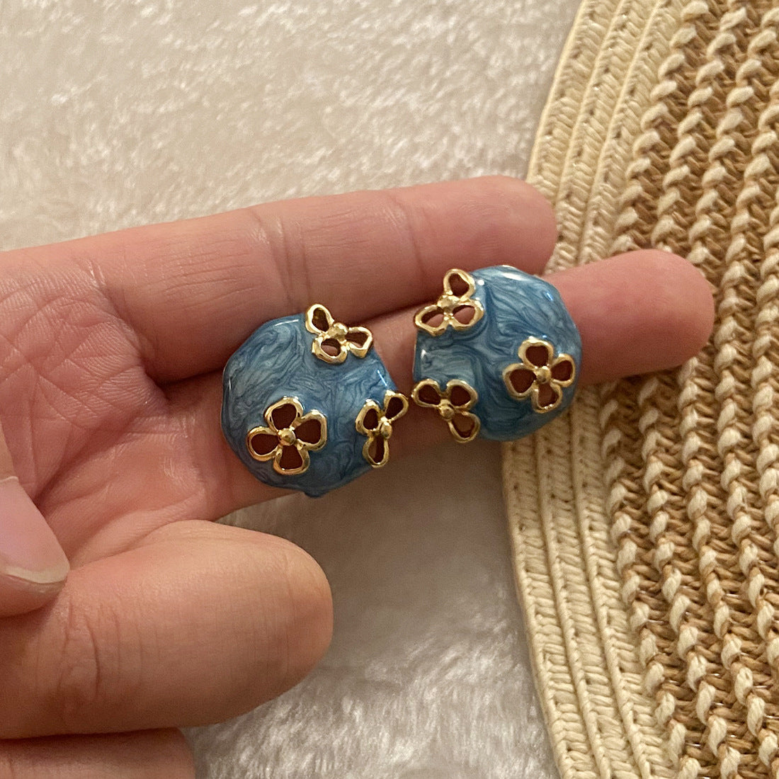 Vintage Floral Enamel Stainless Steel Stud Earrings with Hollow-Out Round Flower Design for Women
