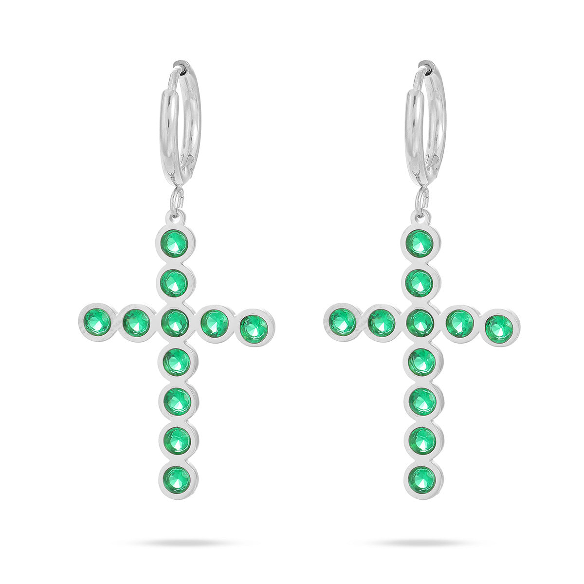 Elegantes pendientes de acero inoxidable con forma de cruz para mujer, con acabado chapado e incrustaciones de pedrería de colores