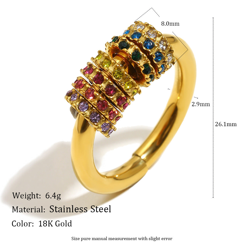 Minimalist Geometric Stainless Steel Ring with 18K Gold Plating and Colored Zirconia for Women