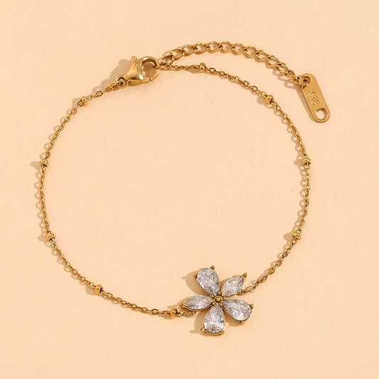 Fashionable Floral Stainless Steel Plated 18K Gold Zircon Flower Beaded Bracelet for Women