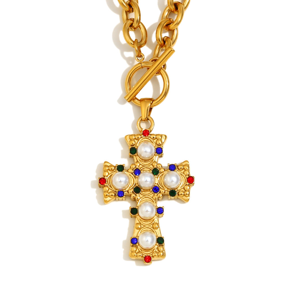 Collana con Pendente a Croce Minimalista Vintage da Donna in Acciaio Inossidabile Placcato Oro 18K
