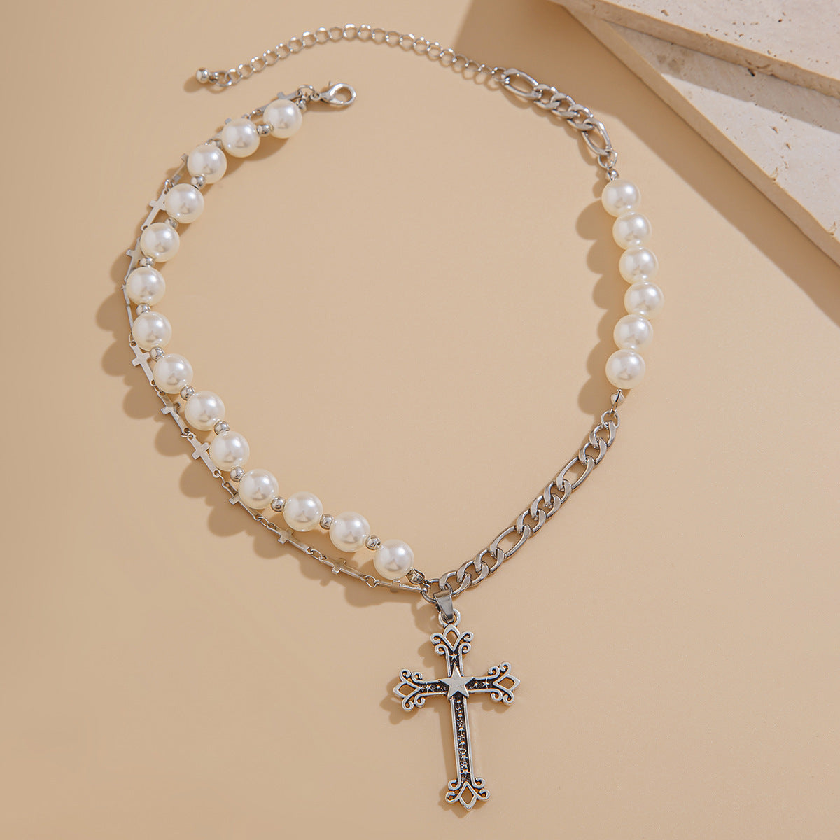 Fashion Multi-Layer Geometric Cross Rhinestone Inlay Alloy Pendant Ball Chain Necklace for Women