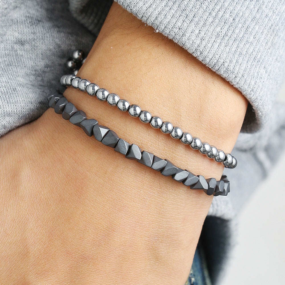 Sweet Punk Geometric Round Hematite Handmade Beaded Bracelet for Unisex