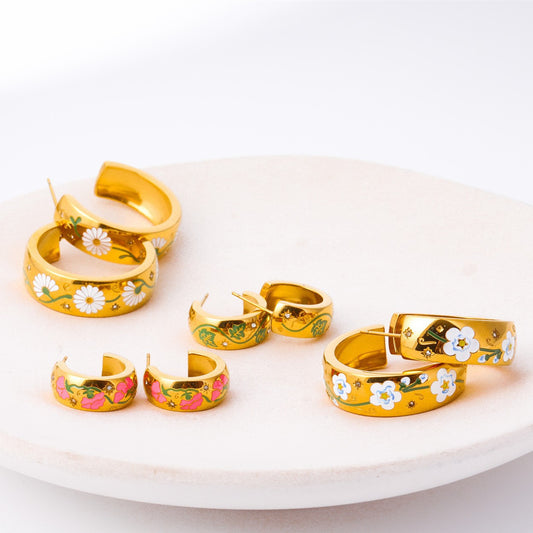 Pendientes vintage de acero inoxidable con forma de rosa floral y baño de oro para mujer
