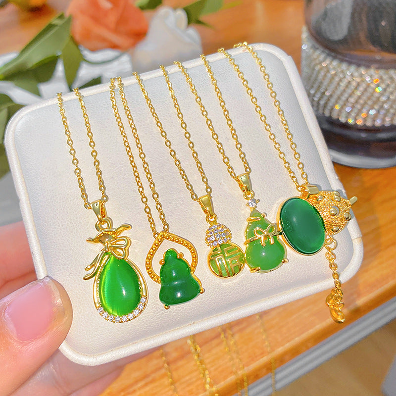 Sweet Minimalist Gourd Brass Pendant with Cubic Zirconia Inlay Titanium Steel Necklace for Women