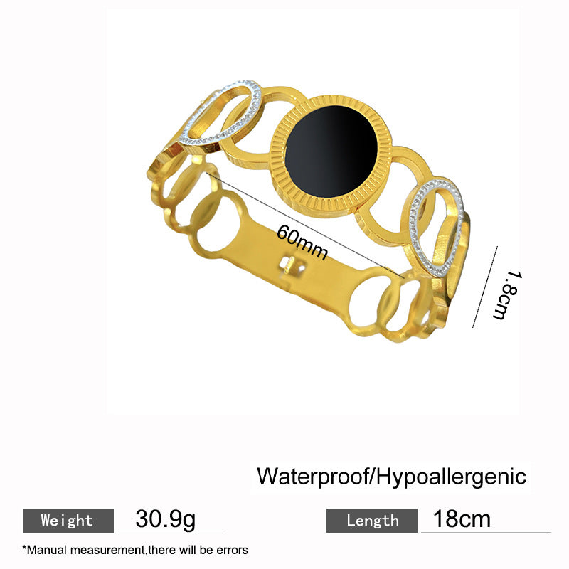 Minimalist Hollow Round Titanium Steel Bracelet with Rhinestone Inlay for Women