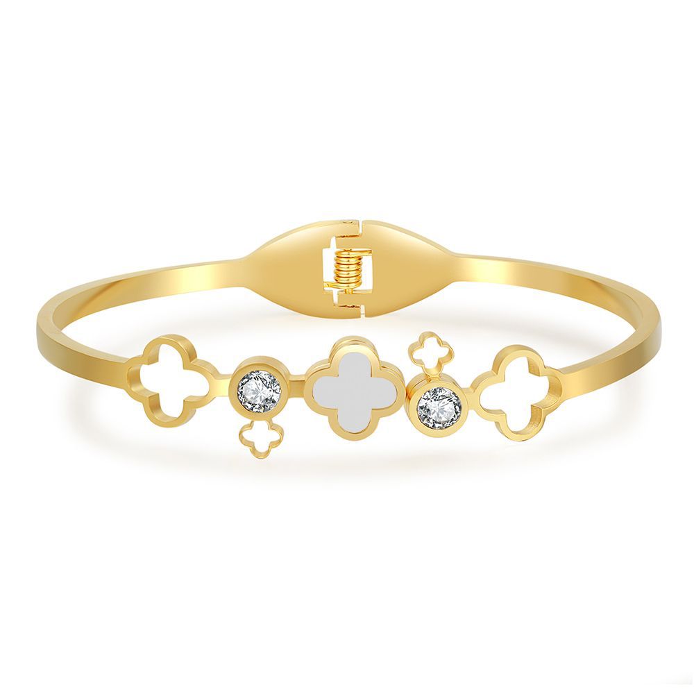 Casual Geometric Floral Micro-inlay Titanium Steel Bangle with Shell Design Open Cuff Bracelet