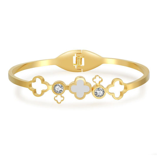 Casual Geometric Floral Micro-inlay Titanium Steel Bangle with Shell Design Open Cuff Bracelet