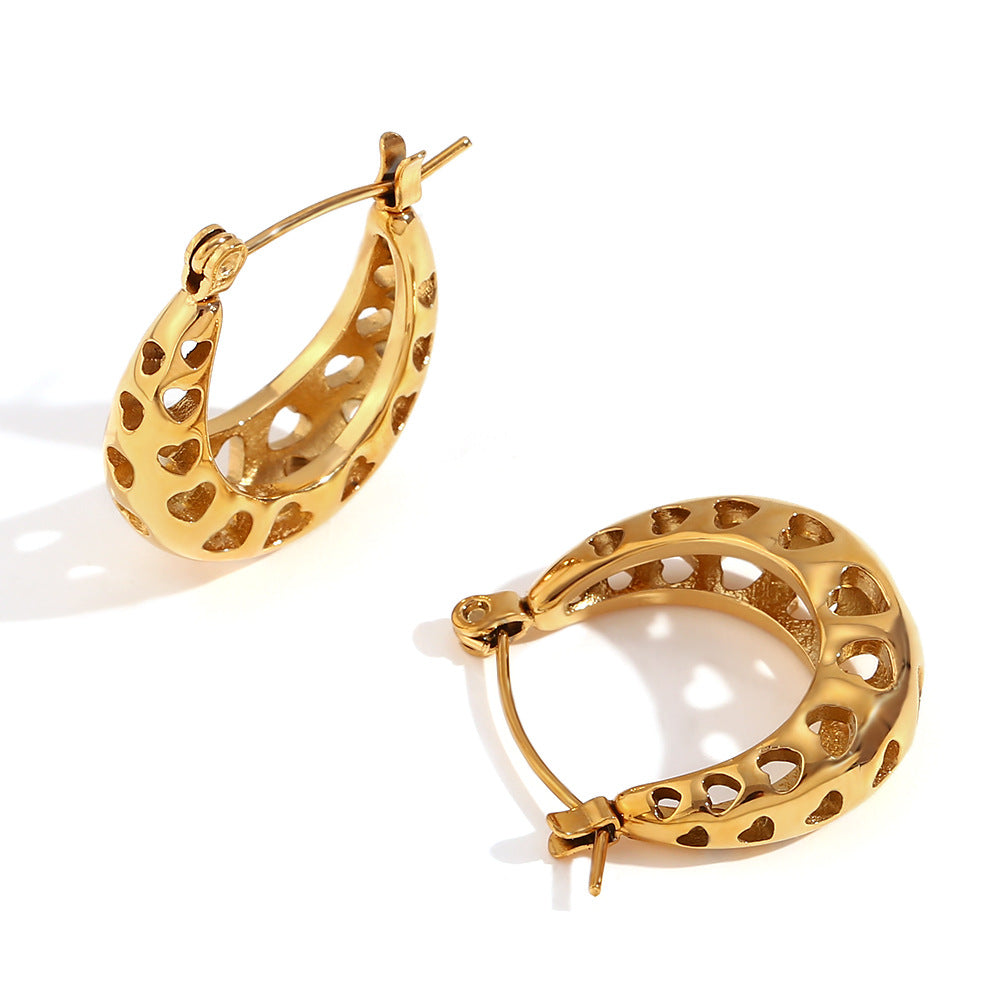 Fashionable Minimalist U-Shaped Geometric Stainless Steel Earrings with 18K Gold Plating and Hollow Heart Detail for Women