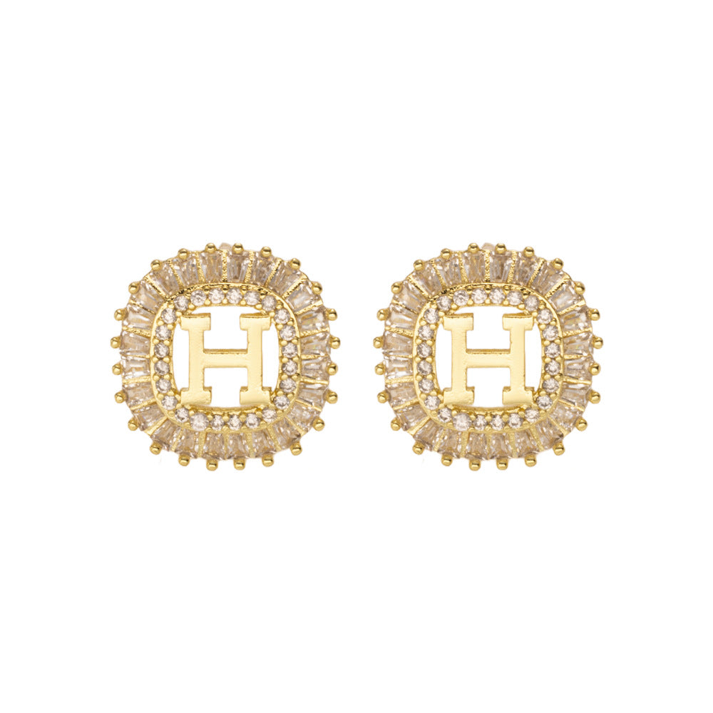Minimalist Modern Letter H Stud Earrings in Copper with 18K Gold Plating and Zircon Inlay for Women