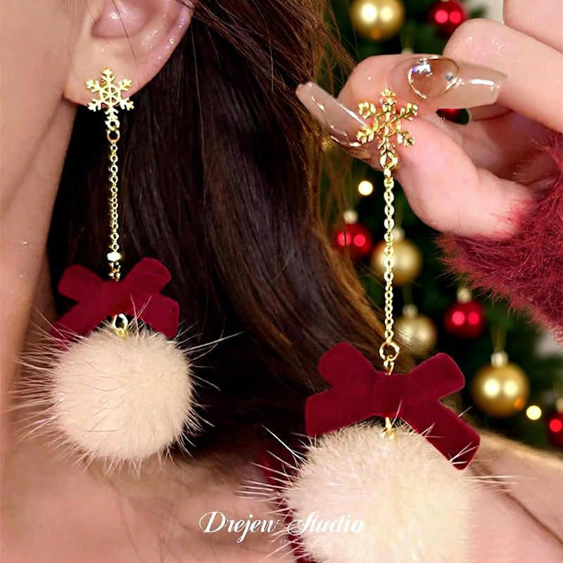 Aretes minimalistas con colgante de lazo y copo de nieve con detalles geométricos en aleación bañada en rodio y postes de plata de ley 925 para mujer