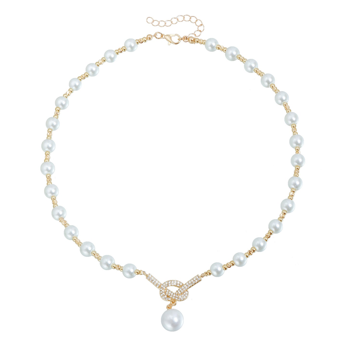 Vintage Geometric Rhinestone Pearl Bow Alloy Y-Necklace Plated