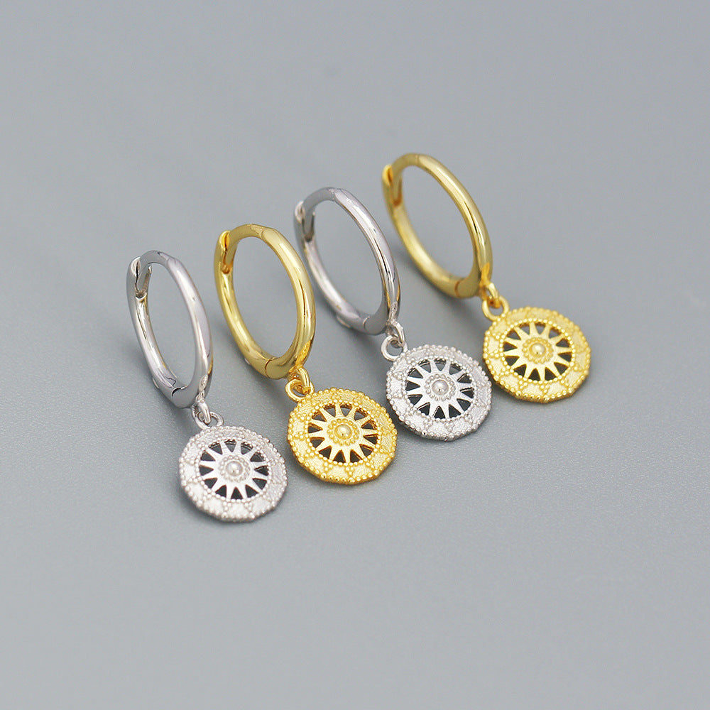 Orecchini a cerchio geometrici rotondi placcati in argento sterling 925, eleganti e raffinati, con motivo a bussola astratta da donna