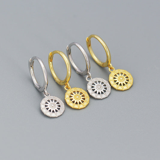 Orecchini a cerchio geometrici rotondi placcati in argento sterling 925, eleganti e raffinati, con motivo a bussola astratta da donna