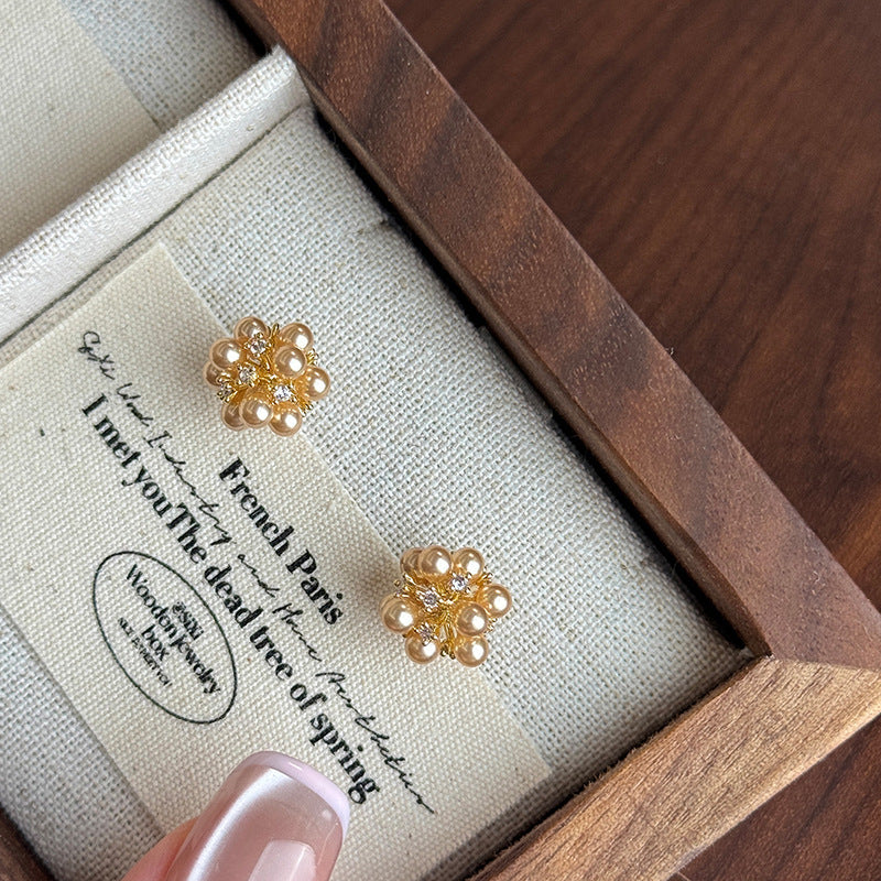 Orecchini a perno eleganti in stile vintage con perle e strass, in argento sterling 925, design geometrico per donna, per l'uso quotidiano e l'ufficio