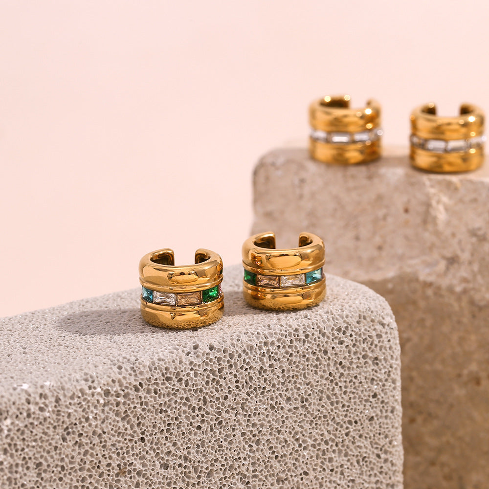 Fashionable Geometric Stainless Steel 18K Gold Plated Micro-Paved Rhinestone Clip-On Earrings for Women