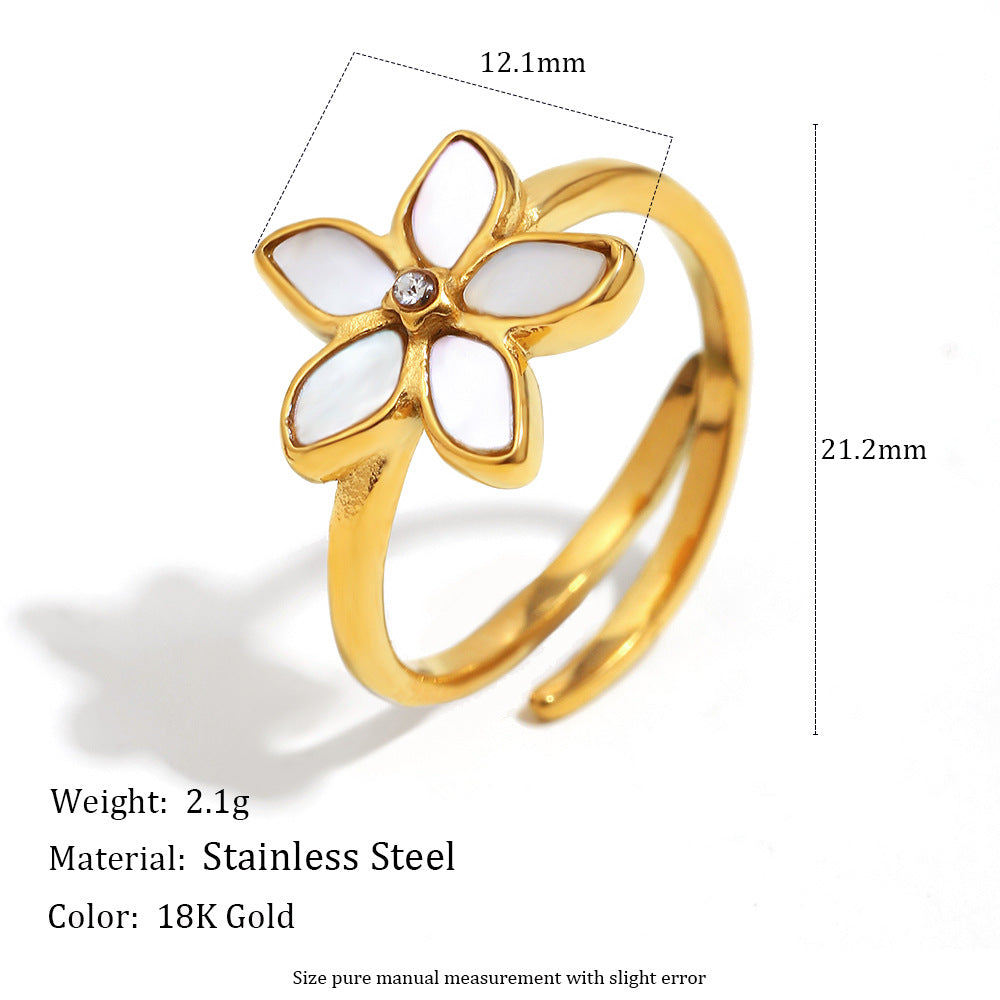 Anello da donna aperto minimalista geometrico floreale in acciaio inossidabile placcato oro bianco 18 carati