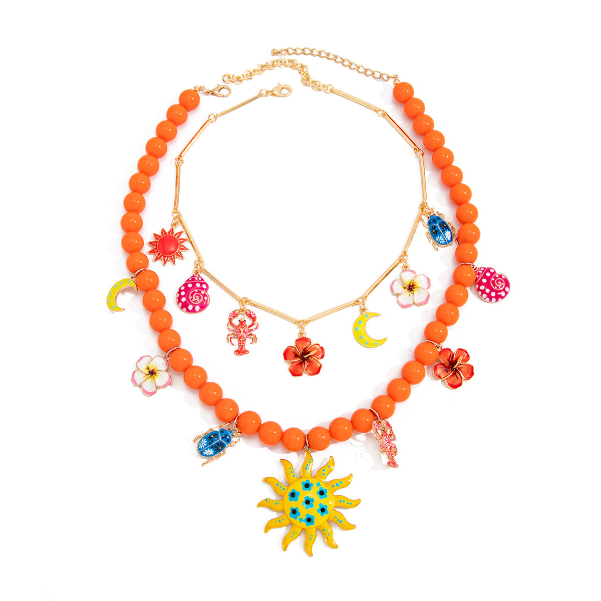 Bohemian Vintage Floral Animal Drip Oil Resin Zinc Alloy Pendant Necklace Brass Plated Cable Chain Women's Jewelry