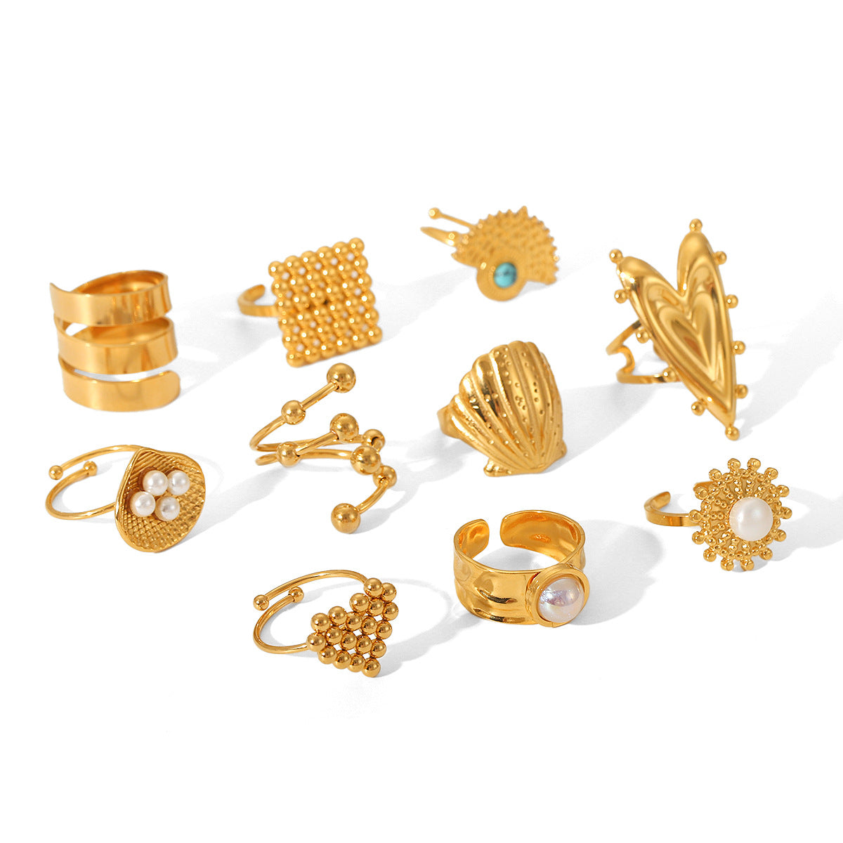 Anello aperto geometrico da donna stile Instagram in acciaio inossidabile con intarsio in perla e conchiglia e finitura placcata