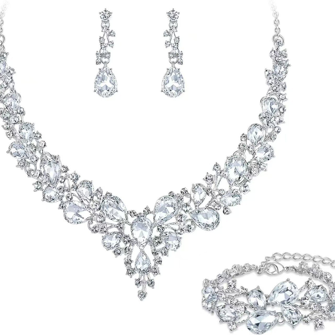 Elegant Waterdrop Floral Pattern Rhinestone Pendant Necklace Earrings Bracelet Set for Women with Alloy Base and Plated Finish