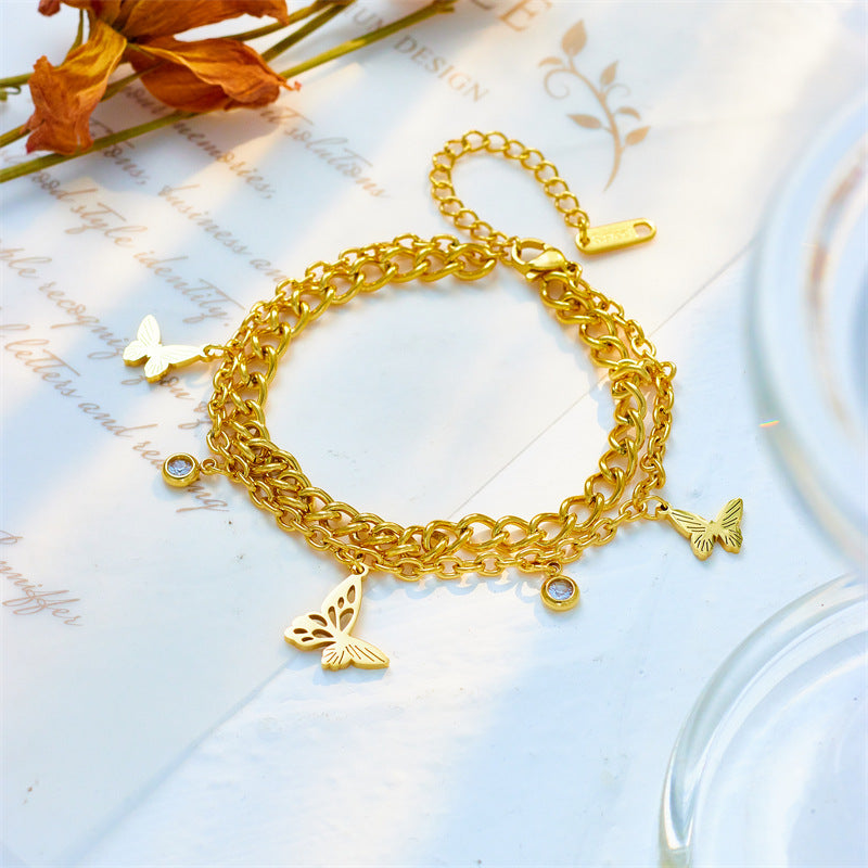 Vintage Fashionable Butterfly-Shaped Titanium Steel Plated Bracelet with Hollow-Out Design and Rhinestone Accents