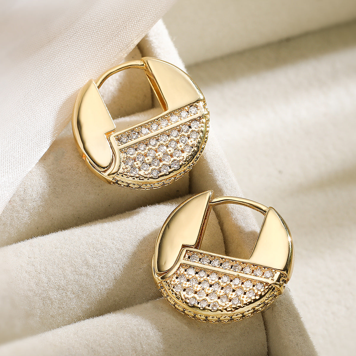 Vintage Elegant Geometric Brass Gold Plated Cubic Zirconia Hoop Earrings for Women
