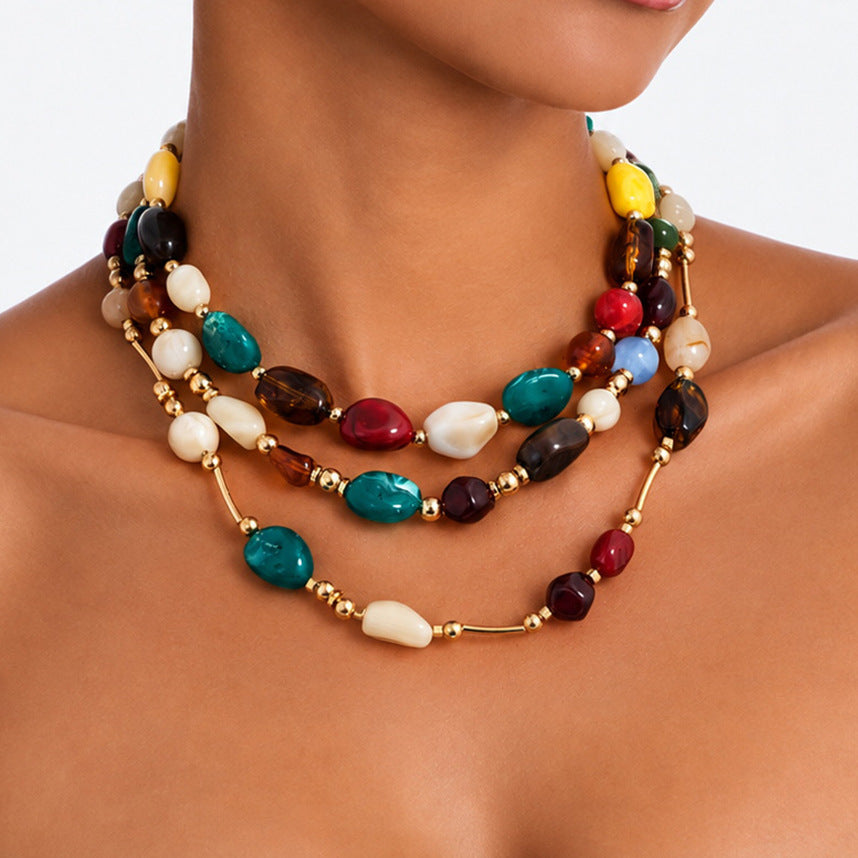 Vintage Gradient Resin Oval Geometric Pendant Acrylic Plated Necklace for Women