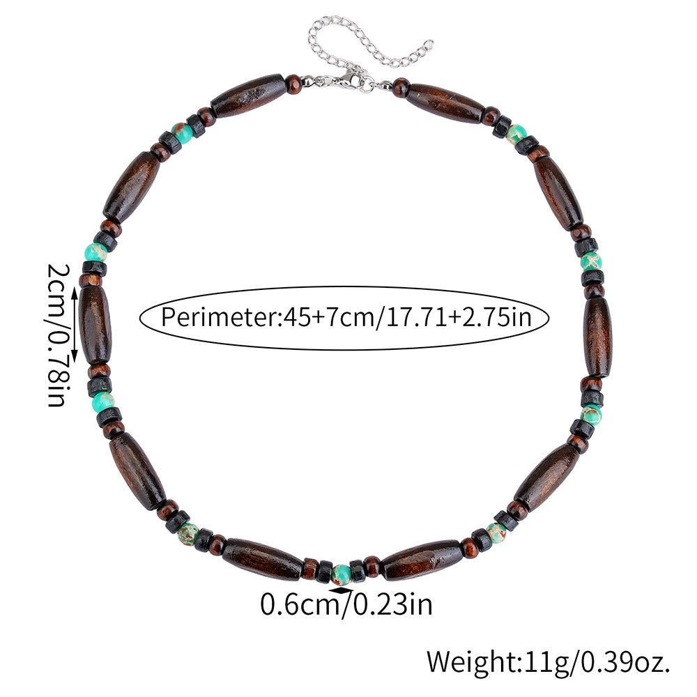 Bohemian Vintage Geometric Wood and Turquoise Beaded Necklace with Cable Chain for Unisex