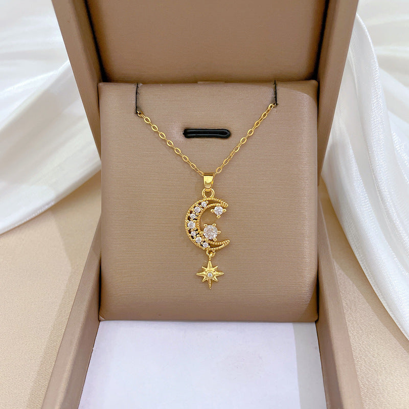 Collana con ciondolo di lusso Luna e Stella da donna e uomo con catena in acciaio al titanio, intarsio di strass, design geometrico, lunghezza regolabile 21-50 cm