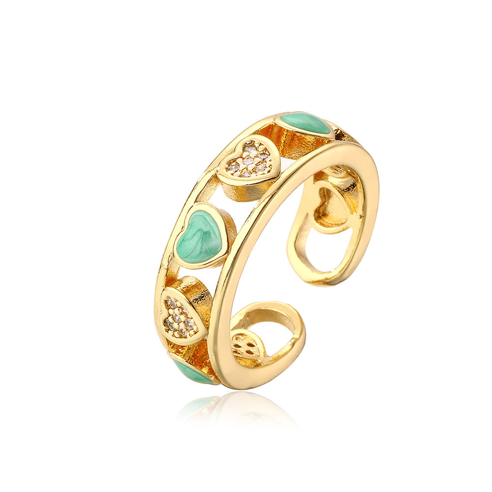 Anello geometrico minimalista in rame placcato oro 18K con intarsio a cuore in strass da donna