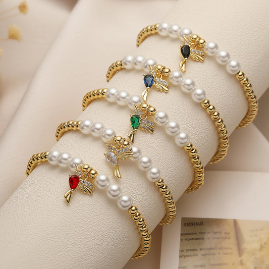 Pulsera geométrica minimalista con forma de pájaro y cuentas de cobre para mujer con cordón elástico