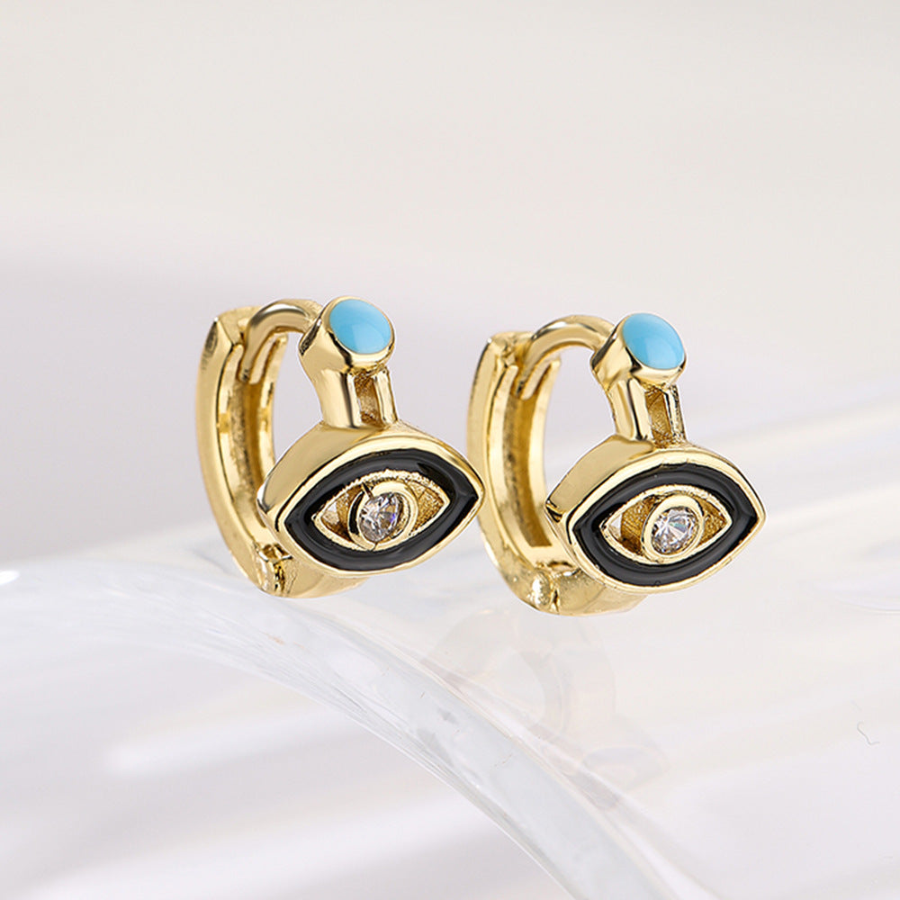 Minimalist Geometric Copper Earrings with 18K Gold Plating and Enamel-Finished Zirconia Eye Accents for Women