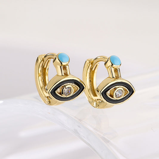 Minimalist Geometric Copper Earrings with 18K Gold Plating and Enamel-Finished Zirconia Eye Accents for Women