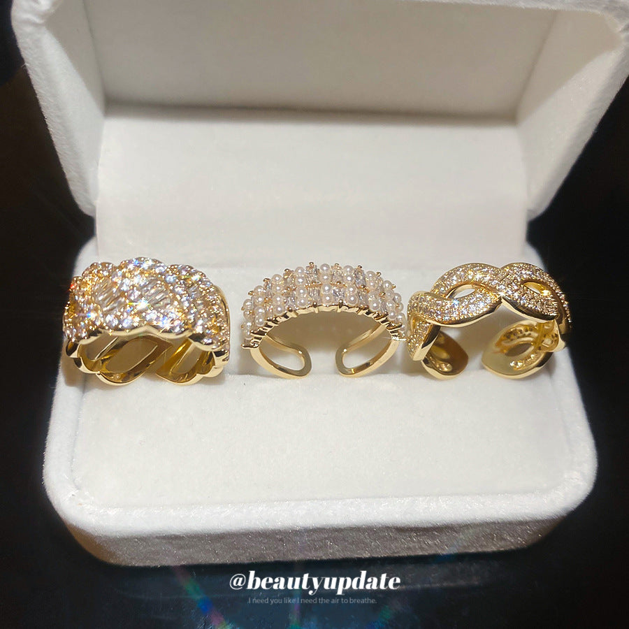 Anillo Abierto Minimalista de Lujo con Perla Redonda Geométrica y Circonita para Mujer en Cobre