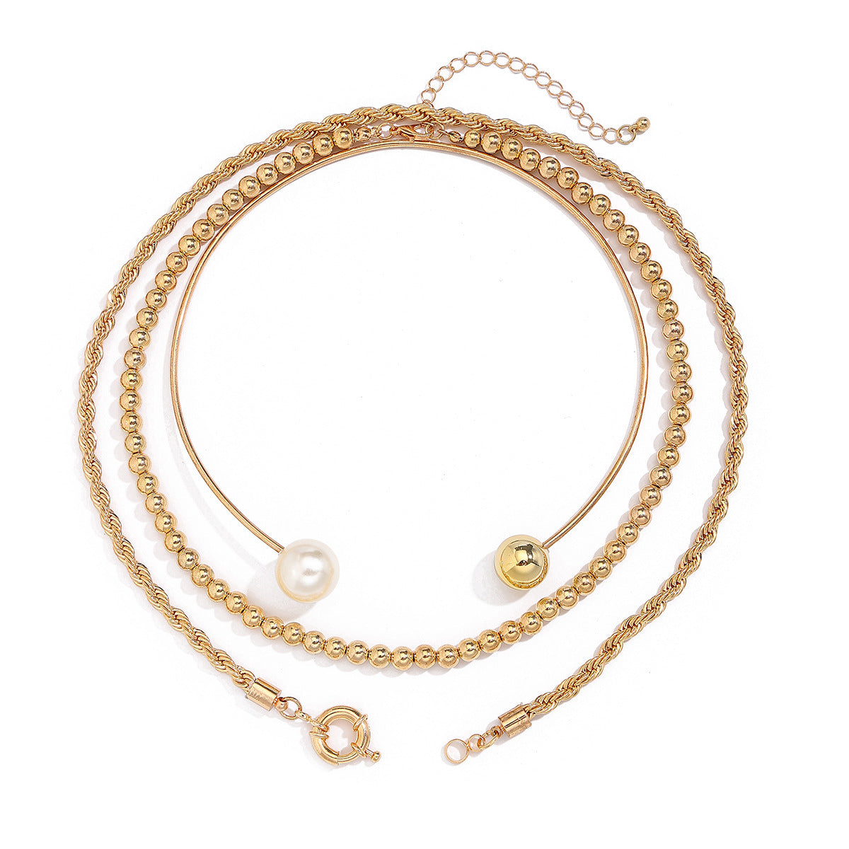 Collana da Donna a Catena Multi-Strato con Perle Imitazione Rotonde Geometriche e Sfera Placcata in Ferro