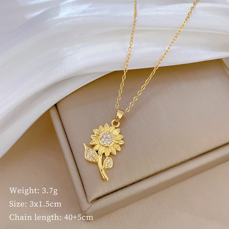 Minimalist Sunflower Pendant Necklace for Women with Zircon Inlay on Titanium Steel Chain