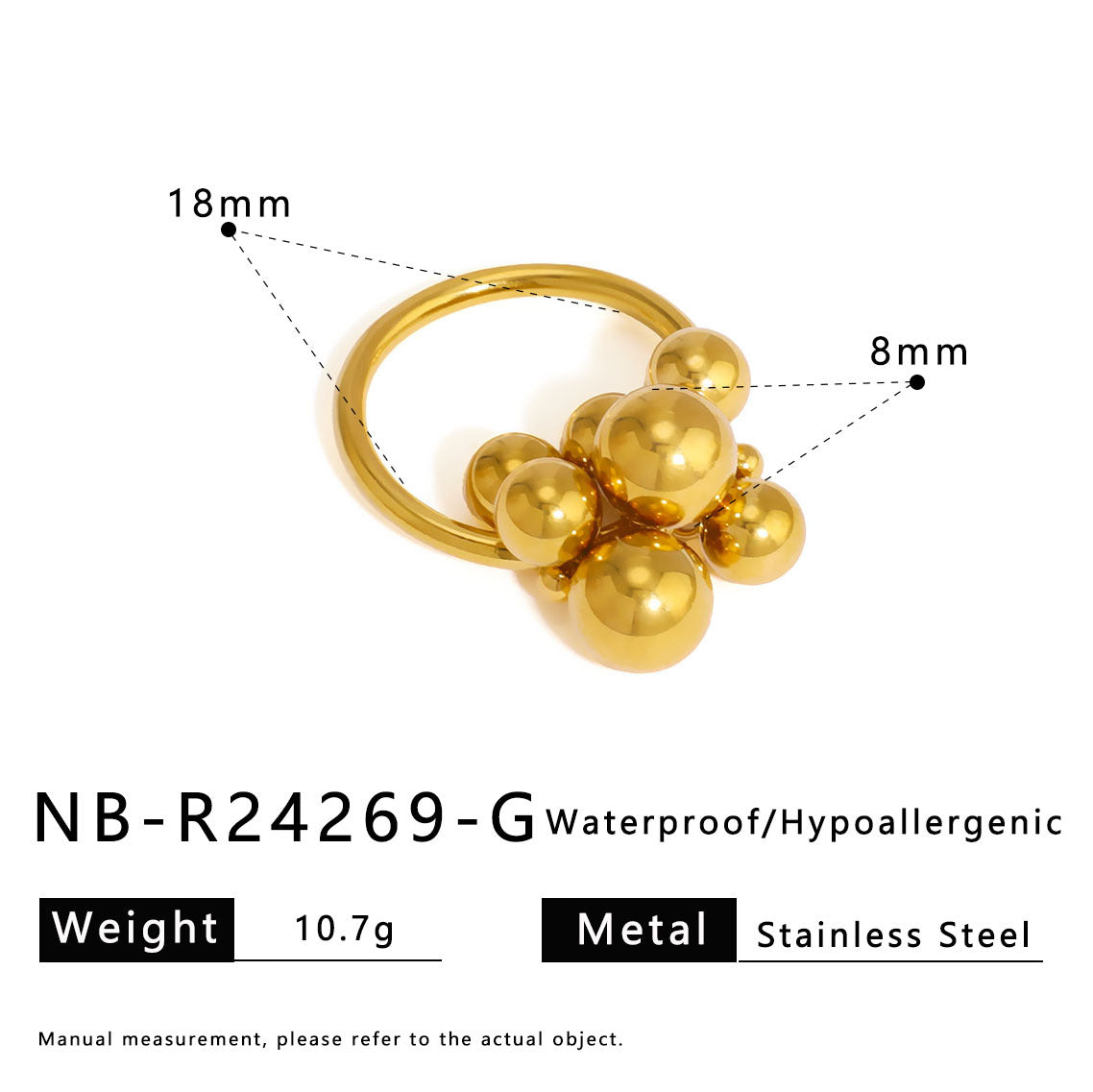 Minimalist Geometric Stainless Steel Ring with Asymmetrical Grape Cluster Design and 18K Gold Plating for Women