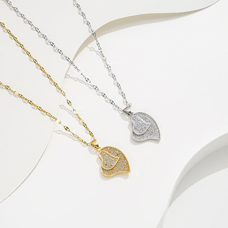 Collar Minimalista de Acero de Titanio con Forma de Corazón, Colgante de Circonitas Microengastadas y Baño de Oro de 18K para Mujer
