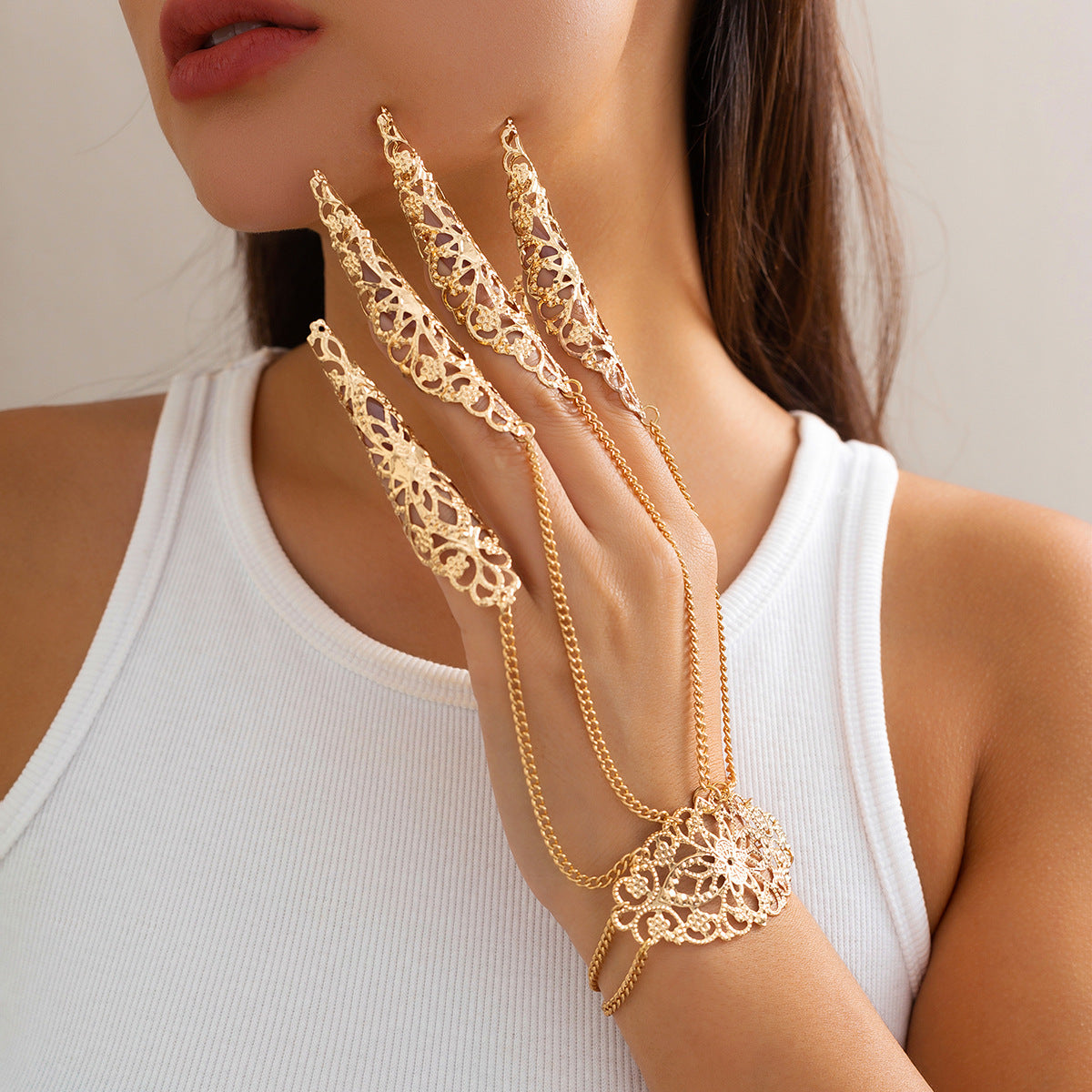 Gothic Punk Plated Alloy Geometric Floral Finger Chain Bracelet for Women
