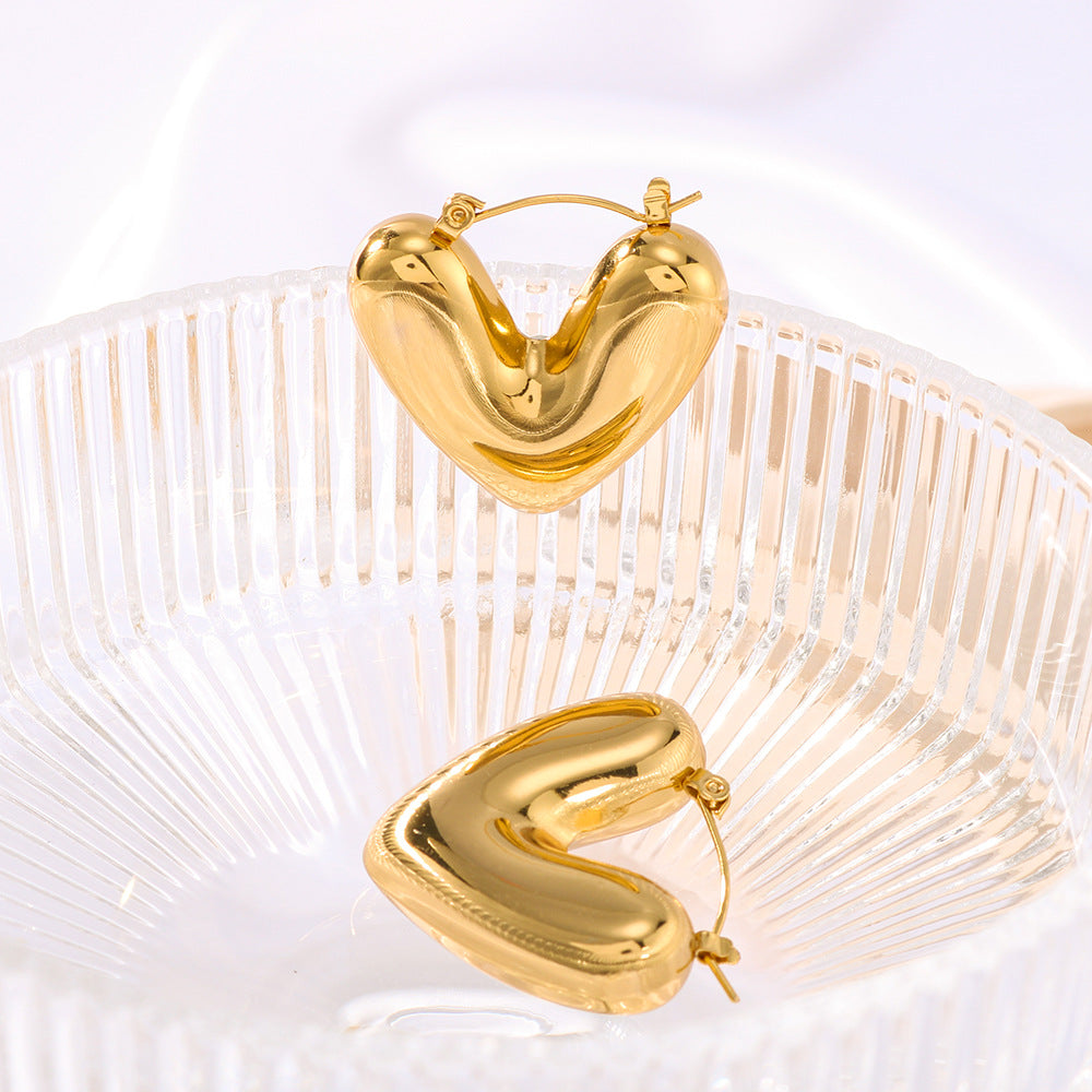 Minimalist Hollow Heart-Shaped Stainless Steel Earrings with 18K Gold Plating for Women