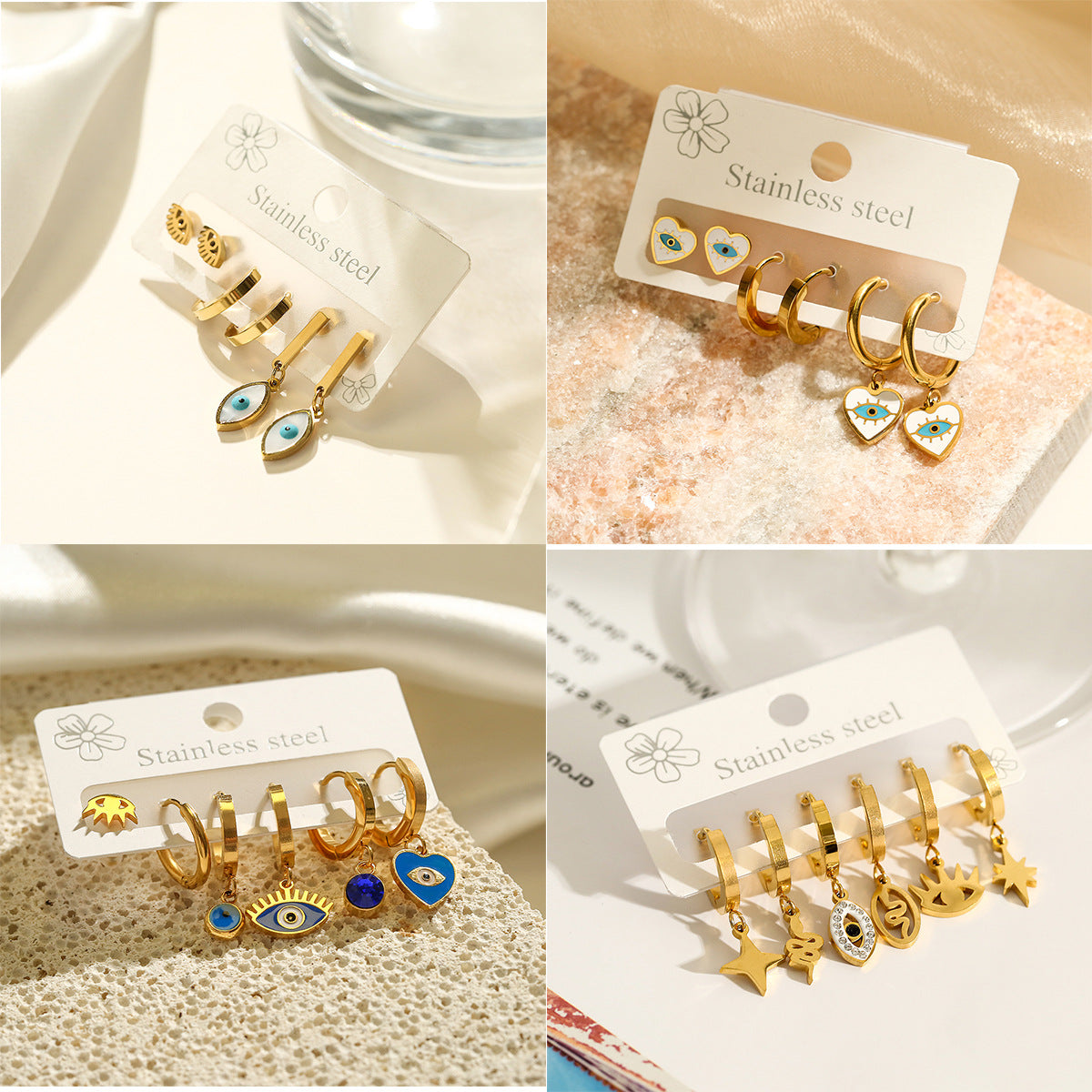 Minimalist Geometric Evil Eye Drop Oil Plated 18K Gold Cubic Zirconia Titanium Steel Earrings for Women