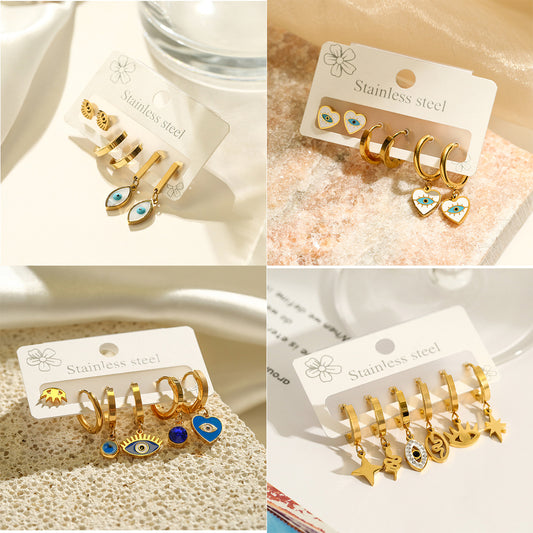 Pendientes de acero de titanio chapados en oro de 18 quilates con circonitas cúbicas y diseño geométrico minimalista de ojo turco esmaltado para mujer