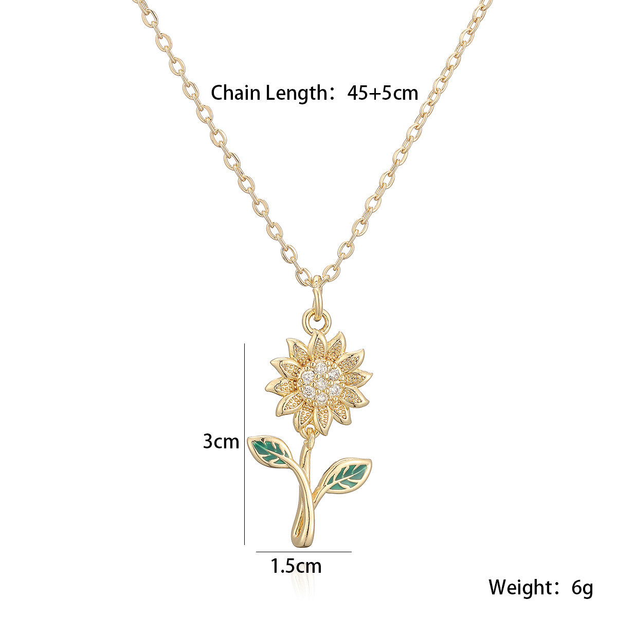 Minimalist 18K Gold Plated Brass Geometric Cubic Zirconia Sunflower Pendant Necklace for Women