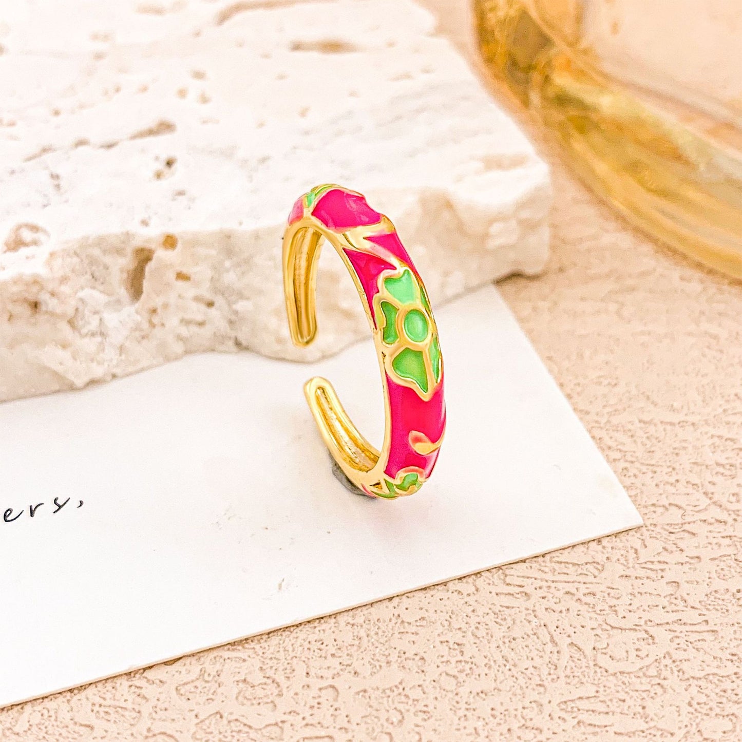 Vintage Sweet Floral Enamel Drip Oil Plated Alloy Adjustable Ring for Women