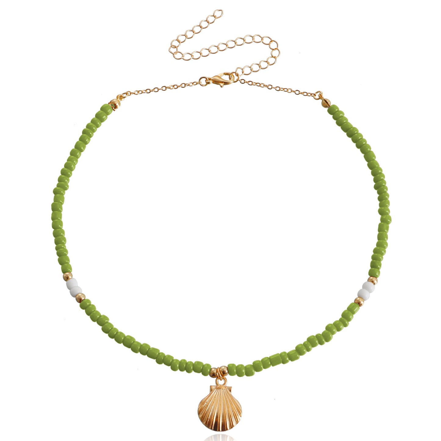 Bohemian Style Large Beaded Necklace with Shell Pendant for Women, Alloy Chain with Plated Finish, Geometric Design Collar Necklace