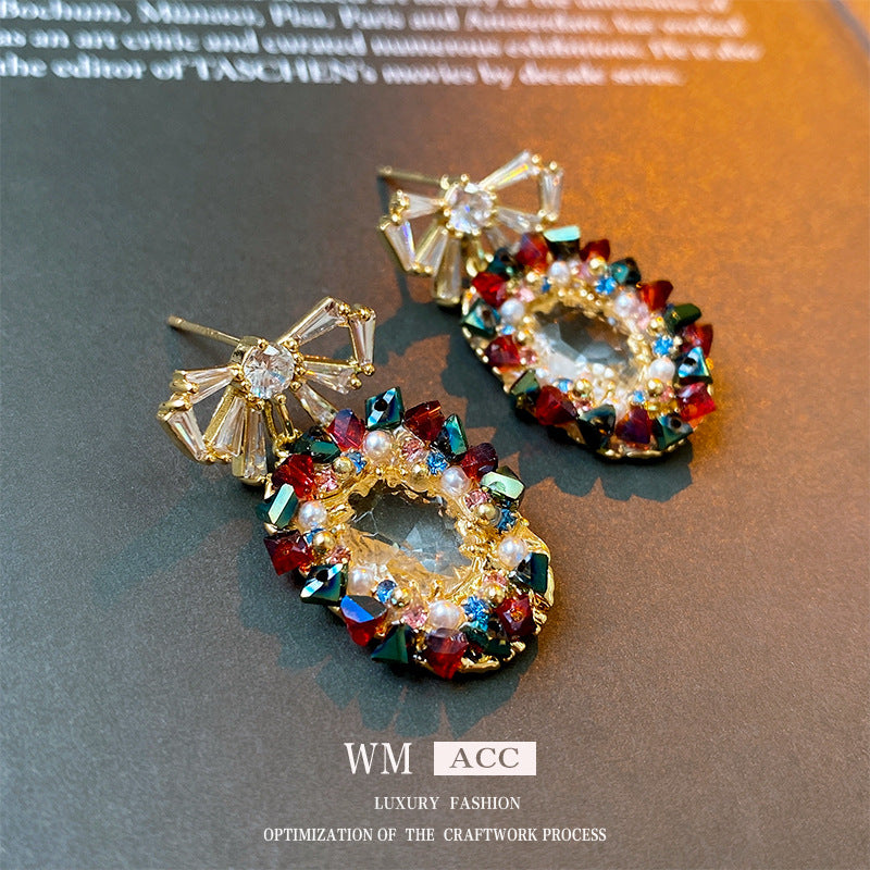 Elegantes pendientes de perlas y circonitas con forma ovalada y lazo en acero inoxidable para mujer